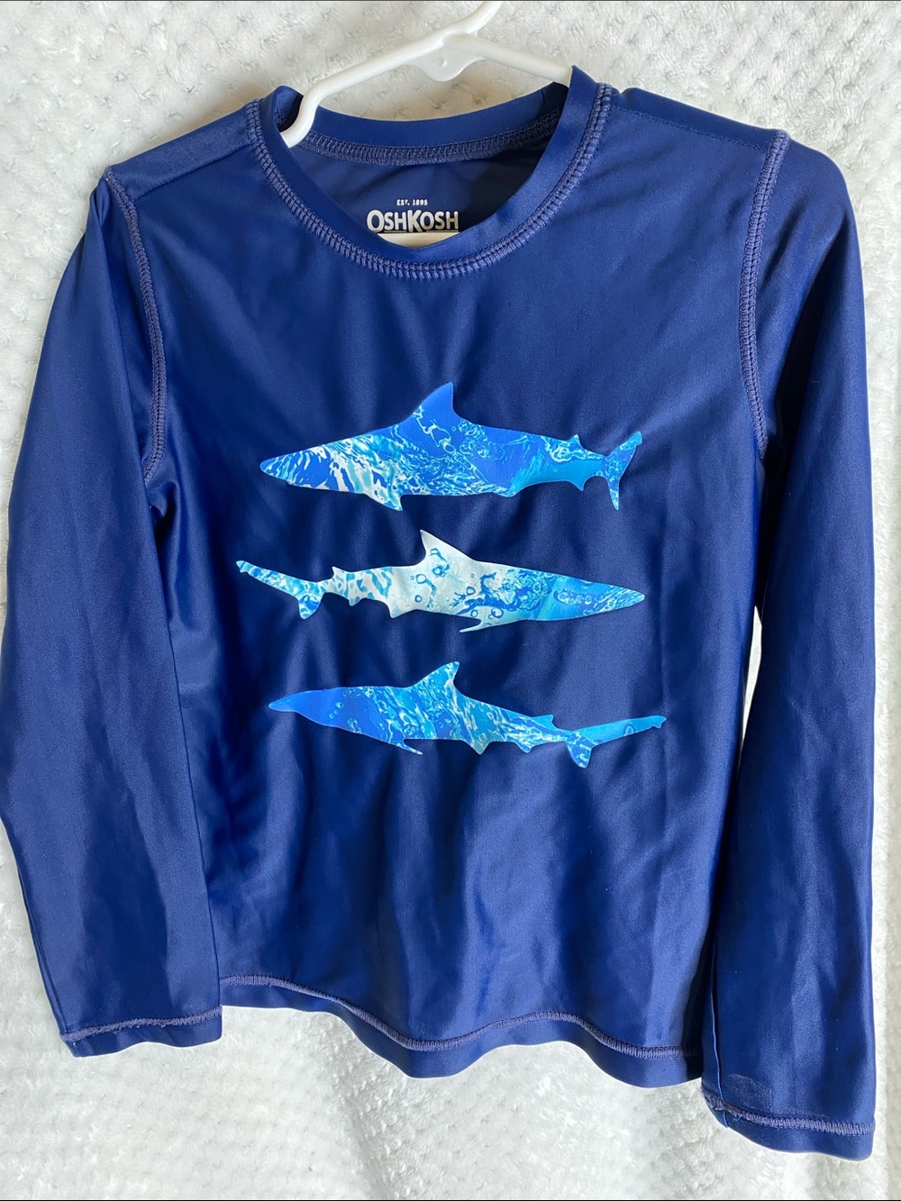 OshKosh B'gosh Navy Blue Long Sleeve Rashguard Swim Shirt Shark Graphics